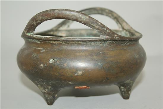 A Chinese bronze ding censer, sixteen character Xuande mark, 19th century or later, width 15.5cm